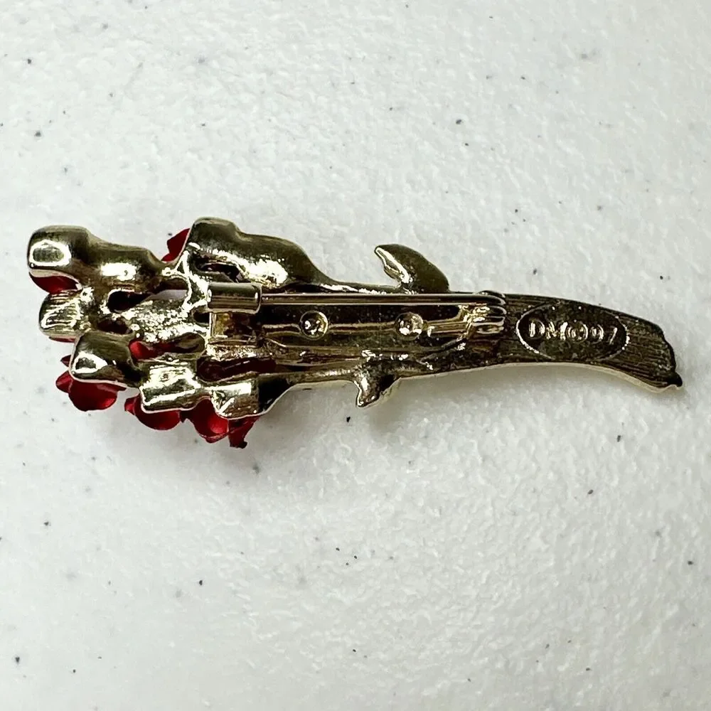 Vintage Brooch. Signed DMC 97. One Dozen Long‎ Stem Roses. Goldtone